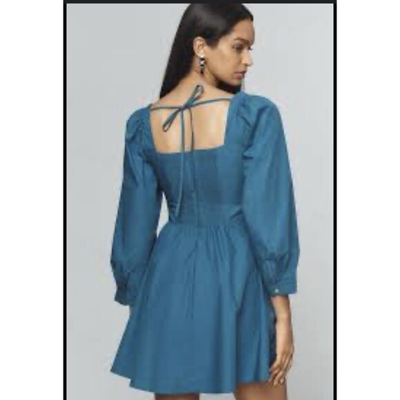Anthropologie Long-Sleeve Square-Neck Poplin Mini Dress Sz Sm Blue NWT - Picture 2 of 9